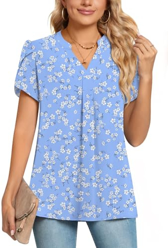 POPYOUNG Womens Summer Casual Chiffon Petal Sleeves Office Blouses V Neck Business Tops Work Shirts M,Light Blue Flowers