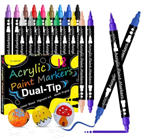 CUODIYA Acrylic Paint Colouring Markers Pens, 18 Colors Dual Tip Water Permanent Marker Pens Set, Never Fade Quick Dry and Permanent, for rock painting, glass paints, DIY Craft, Non Toxic.