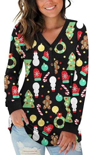 AUSELILY Women's Long Sleeve Tops V-Neck Jumpers Causal Button Down Sweatshirts Loose Henley T Shirt Blouse(Christmas Tree Gloves,L)