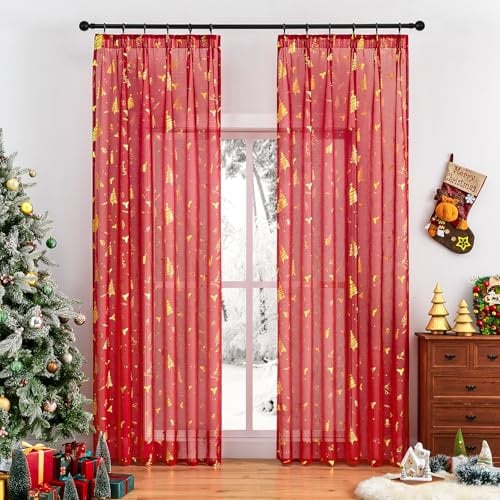 Softalker Weihnachten Gardinen mit Kräuselband Vorhang 240 cm Hoch Modern Gardine Schal 140 cm Breit Vorhänge Rot Transparent für Schienensystem Curtains Deko Wohnzimmer Schlafzimmer Küche, 2er Set