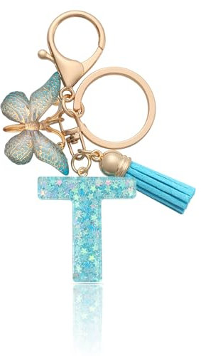 MORSUNBELA Porte-clés Lettre Porte-clés Fille Lettre Initiale Porte-clés pour Femmes Femmes, Bleu, Bleu T, S