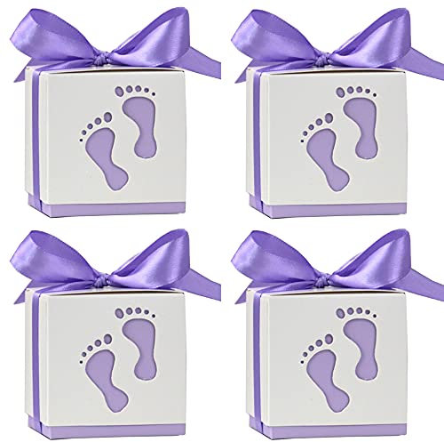 Anevous 100 StückGeschenkbox, Süßigkeit Kästen Gastgeschenk Box, Süßigkeiten Schachtel mit Band, Geschenkbox Taufe, Boxen für Neugeborene Babydusche, Kinder Geburtstag, Hochzeit, Party,Lila