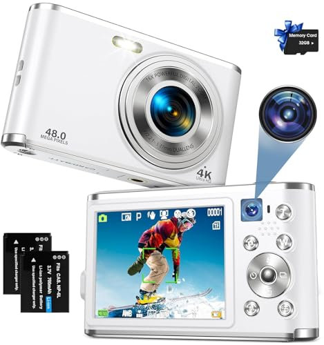 Fotocamera Digitale 4K AutoFocus con Doppia Fotocamera, Fotocamera Digitale con Scheda da 32 GB, Zoom Digitale 16X, Schermo Grande da 2,8, Fotocamera Portatile Compatta per Principianti-Bianco