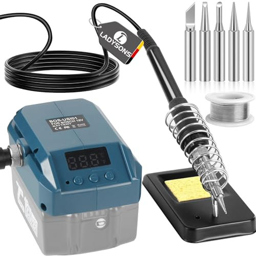 LADYSONS Set saldatore a batteria per Bosch Professional 18 V, con display LCD digitale, 60 W, temperatura regolabile 180 – 480 °C, senza fili, riscaldamento rapido, per riparazioni di dispositivi fai