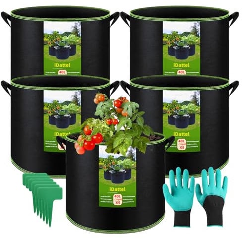 iDattel Pack of 5 40 L Plant Bags, Fabric Pot, Plant Bags with Handles, Reusable, Robust Fabric Pot for Tomatoes and Vegetables, Breathable Tomato Pot as Grow Bag for Flower Beds, Balcony Plants