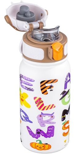 OLDLEY Trinkflasche Kinder 350ml,Edelstahl Trinkflasche, Auslaufsicher,Kleine Flasche mit Griff,Jungen Mädchen Kinder(Alphabet)
