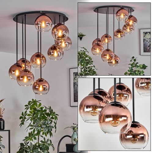 HOFSTEIN Deckenleuchte Koyoto, 9-flammige Deckenlampe aus Metall/Glas in Schwarz/Kupfer/Klar, moderne Leuchte im Retro/Vintage-Design (Schirme Ø 15 cm), E14, Esszimmer, Wohnzimmer, Schlafzimmer, Küche