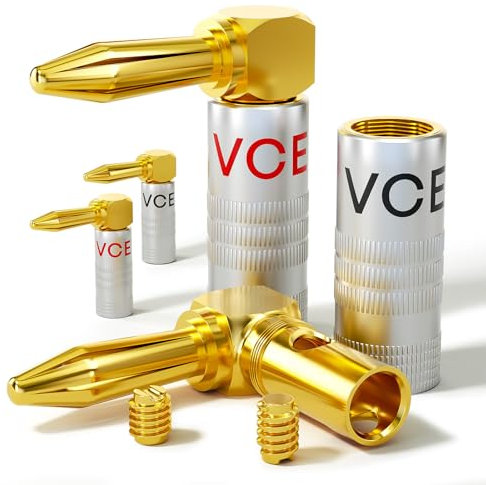 VCELINK Fiche Banane 90 Degrés, Plaquée Or 24K, 12 AWG - 18 AWG Calibre 4 mm Banane Connecteurs Coudées Enceintes pour HiFi Haut-Parleur, Amplificateur, Speaker Cable, 2 Paires (4 Pièces)