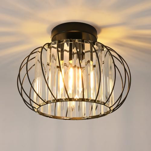 ANWIO Kristall Deckenleuchhte Kronleuchter Φ28CM, Wohnzimmer Lampe, Deckenleuchte E27 Rund Lampenschirm Deckenleuchte Flur Kristall Esstischlampe für Balkon Küche Schlafzimmer Dekorative, Schwarz