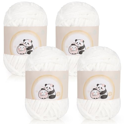 Aeelike 400g(4x100g) Warme Chenille Wolle zum Häkeln, Flauschige Dicke Garn zum Handstricken, Samt Velvet Babywolle zum Stricken, Weich Plüschwolle für Amigurumis Babydecke, Weiß