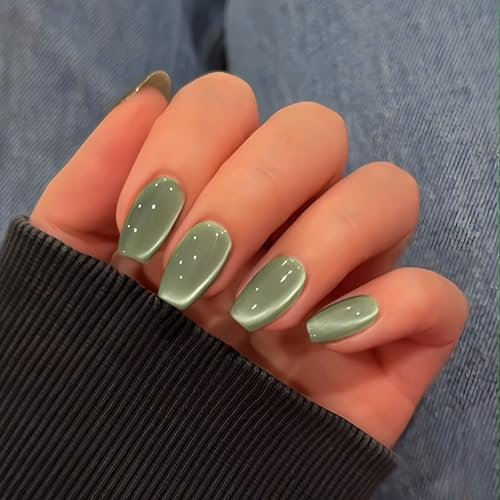 SXVME Light Green Cat Eye Press on Nails Short Coffin, Glitter False Nails Press ons Medium, Sparkly Shiny Fake Nails With Design, Cute Bling Reusable Soft Gel Stick on Nail for Women 30 Pcs