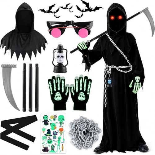 Déguisement Faucheuse Enfant, Costume Halloween Enfant avec Faux, Lunettes Lumineuses, Gants De Squelette et Accessoires, Déguisement Scream pour Garçons Filles, pour Halloween et Carnaval (5-10 Ans)