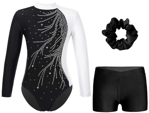 RUNQHUI Fille Justaucorps Gymnastique avec Short Gym Danse Bandeau de Cheveux Tenue Leotard Ballet Manches Longues 5-16 Ans