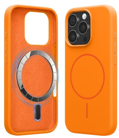 kwmobile Magnetic Silicone Case Compatible with Apple iPhone 16 Pro - Compatible with MagSafe - Shockproof, Anti-Slip Phone Cover - Fruity Orange