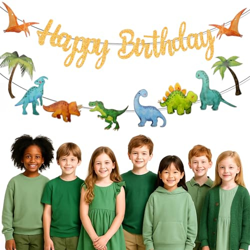 ALLY-MAGIC Dino Geburtstag Deko, Dino Happy Birthday Girlande Dinosaurier Banner, Bunt Dinosaurier Deko Geburtstagsbanner Motto Party Dekorationen für Kinder Geburtstag E21-YSKLLQ