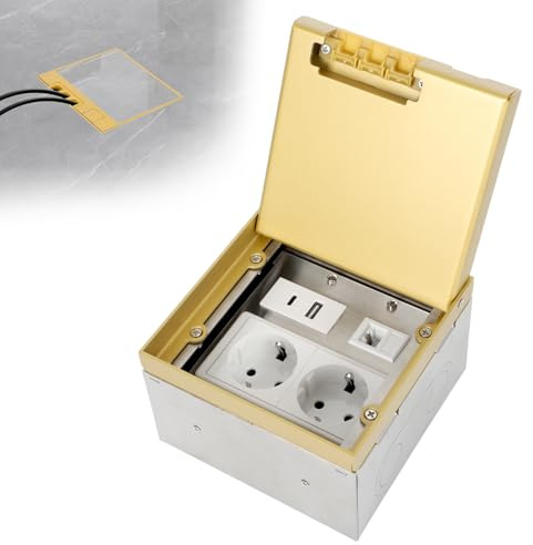 Btstil Bodentank Bodensteckdose, Gold Edelstahl-Einbausteckdose Wasserdichte Bodeneinbaudose mit 2AC+USBA+C+1RJ45, Versenkte Steckdose Edelstahl für Boden (Gold)