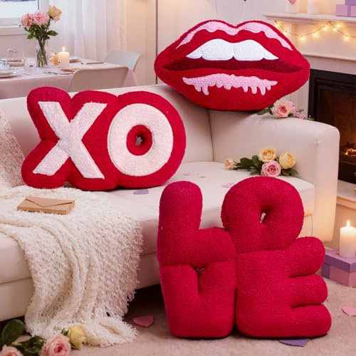 Lanpn 3 Stück Valentinstag Kissen, Xo Kissen Lippekissen Love Zierkissen Plüschkissen für Geschenk Wohnzimmer Schlafzimmer Couch Stuhl Bett Sofa Valentinstag Dekor (Rot)