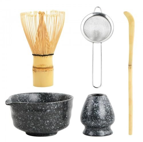 Matcha Set Te Matcha Kit Juego Completo de Ceremonia Matcha Japonés con Batidor Bambu Matcha Porta Batidor Cuenco de Matcha de Cerámica Cuchara de Té para Preparar Matcha Tradicional (Negro)