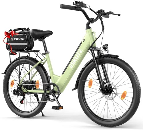 ESKUTE C100 Plus E-Bike, 26 Zoll Elektrofahrrad, E-Cityrad 250W HeckMotor, 36V 13Ah Wechselakku, bis zu 100km, LCD-Display, Tiefeinsteiger E-CityBike mit-Fahrradtasche