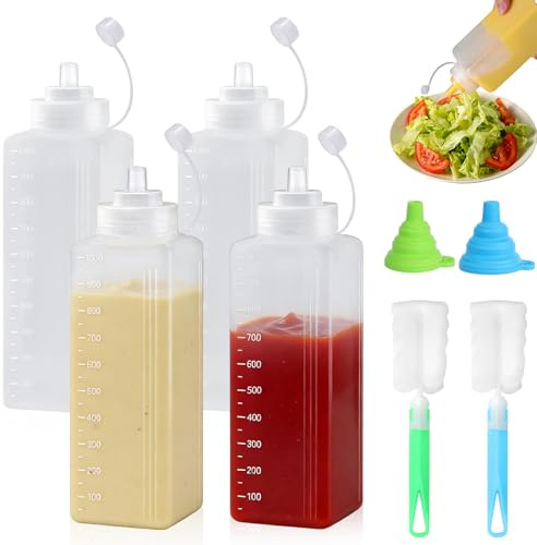 SNSYGN 6 bouteilles à presser, bouche large, 1000 ml, bouteille de sauce avec 2 brosses à bouteilles et 2 entonnoirs, bouteille doseuse pour ketchup, sauces chaudes, grillées, sauces à salades, huile