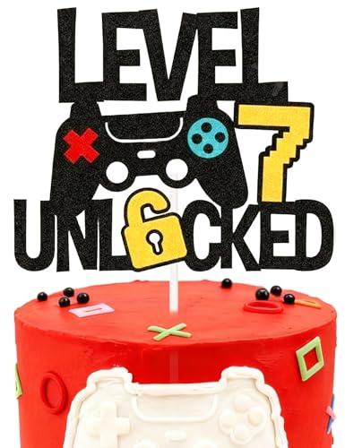 Level 7 Unlocked Cake Topper Happy 7 Birthday Cake Toppers Level Up seventh Cake Decorations Game Controller 7th Birthday Cake Decor - Video Game Theme Party Supplies for Teenager