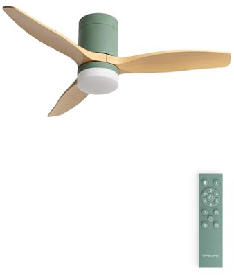 CREATE / WINDCALM S/Ventilador de techo ABS con luz verde sage efecto aspas madera clara y mando / 40W, Silencioso, Ø112 cm, 6 velocidades, 3 temperaturas de luz, función verano-invierno