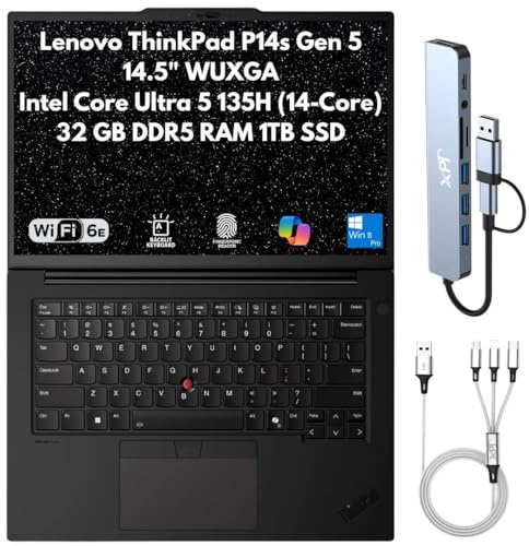 Lenovo ThinkPad P14s Gen 5 Mobile Workstation, 14.5 WUXGA (1920x1200), Intel 14-Core Ultra 5 135H (Beats i7-13700H), 32GB DDR5 RAM, 1TB SSD Gen4, FPReader, RJ45, Wi-Fi 6E, IR Cam, Windows 11 Pro