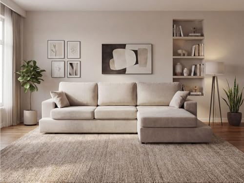 GRAINGOLD Nesto Ecksofa 260x165 cm, L-Form Sofa, Ecksofa für Wohnzimmer, Chenille-Stoff, 3-Sitzer Eckcouch, Modernes Design (Beige, Rechts)