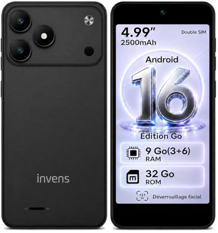 invens TK02 Téléphone Portable 4G Débloqué, Android 16, RAM 9 Go, Noir | Stockage 32 Go extensible par microSD jusqu’à 256 Go, double SIM et écran compact de 4,99 pouces facile à prendre en main.