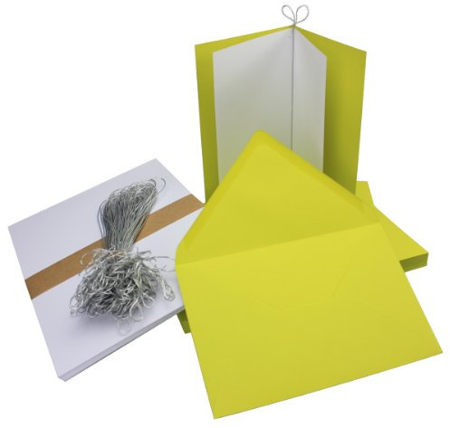 50x Falt-Karten Set in Limette gelb-grün inklusive Brief-Umschläge DIN B6 - Faltkarte B6 - Einlegeblatt und silbernem Schmuckband