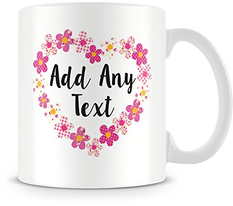 Faithful Prints Personalised Mug - Flower Love Heart Gift - (Customise Cup with add Any Name, Message, Photo) - Pink
