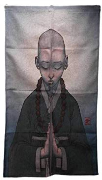 lachineuse - Noren Japanischer Bonze Zen - Vorhang - Japanischer Mönch - Dekoration Tür & Wände - Wandteppich - Baumwolle Leinen - 85 x 150 cm - Geschenkidee asiatische Deko - Farbe Grau