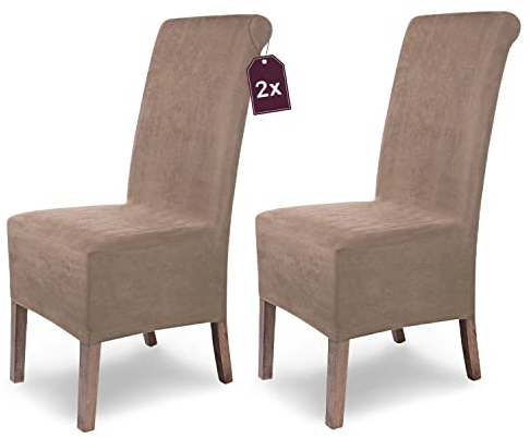 SCHEFFLER-Home Stuhlhussen 2er Set Leon Taupe/elastische Wildleder Hussen für Stühle/Robustes Freischwinger Hussen Set/Stuhlhussen Stretch & Lederoptik/Stuhl Hussen waschbar