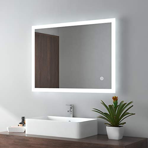 EMKE LED Badspiegel 80x60cm Badezimmerspiegel mit Beleuchtung kaltweiß Lichtspiegel Wandspiegel mit Touchschalter IP44 energiesparend