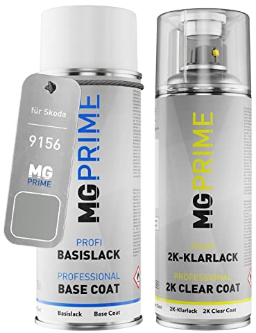 MG PRIME Autolack 2K Spraydosen Set für Skoda 9156 / 8E Brilliant Silber Metallic Basislack 2 Komponenten Klarlack Sprühdose