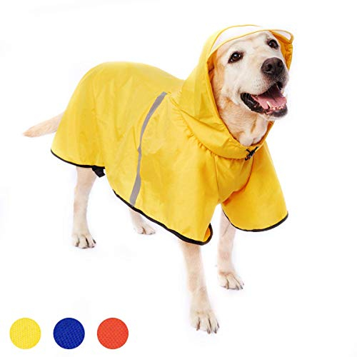Hunde Regenmantel Regenjacke mit Kapuze & Kragenloch & Reflektierender Streifen wasserdichter Hundemantel für mittelgroße große Hunde 4XL Gelb
