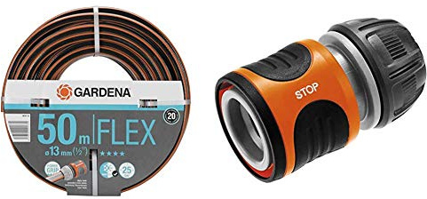 Gardena Comfort FLEX Schlauch 13 mm (1/2 Zoll), 50 m: Formstabiler, flexibler Gartenschlauch mit Power-Grip-Profil & Wasserstop 13 mm (1/2 Zoll) und 15 mm (5/8 Zoll): Steckverbinder mit Aquastop