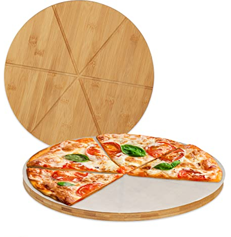 Relaxdays Planche Pizza, Bambou, x2, Assiette Ronde 33 cm, Papier de Cuisson, avec rainures pour Le découpage, Nature