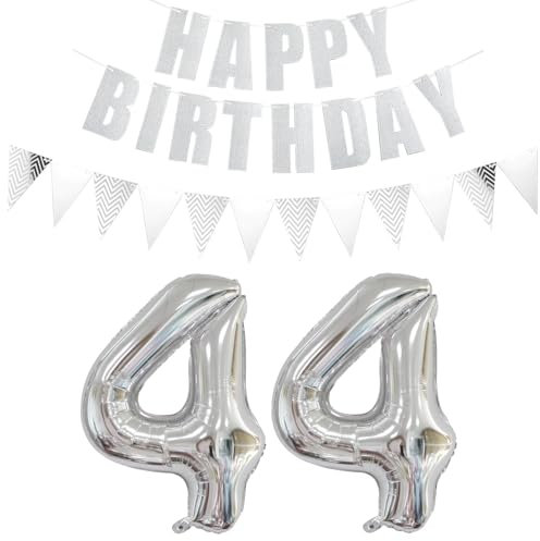 Luftballons Zahl 44 Silber + Happy Birthday Girlande + banner Folienballon 44.Geburtstags deko frau mann ballons 44 Jahre Geburtstag deko frauen Zahlenballon 44 Geburtstag dekoration Männer frau(44)