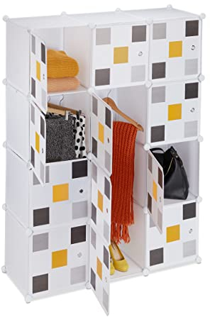 Relaxdays Steckregal Kleiderschrank, 8 Fächer, 2 Kleiderstangen, Garderobenschrank, HxBxT: 145 x 110 x 37 cm, weiß/bunt, Kunststoff
