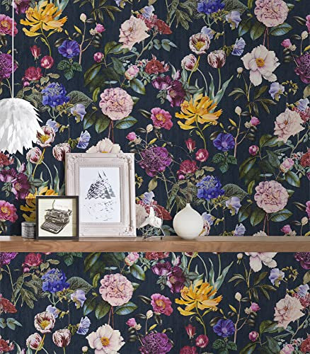 Papier peint fleuri fond noir pour salon Tapisserie fleurie multicolore fond noir couloir Papier peint anglais bureau & chambre