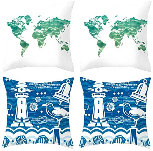Ayoiow 4er Set Couchkissen 50x50cm, Couchkissen Bezug Kissenbezüge Deko Polyester Karte Leuchtturm Vogelglocke Kissenhüllen Kissenbezüge Couch 20x20 Inch
