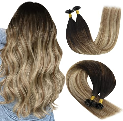 YoungSee U Tip Hair Extensions Real Human Hair Balayage U Tip Keratin Bond Hair Extensions Ombre Dark Brown to Brown with Blonde 18In 1g/s 50g Soft