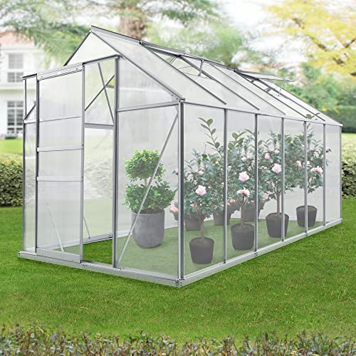Serra da Giardino in Policarbonato a Forma di Casetta con Porta Scorrevole, 4 Finestrine e Grondaie - Struttura Termoisolante (Lu x La x A) 370 x 190 x 124/195 cm