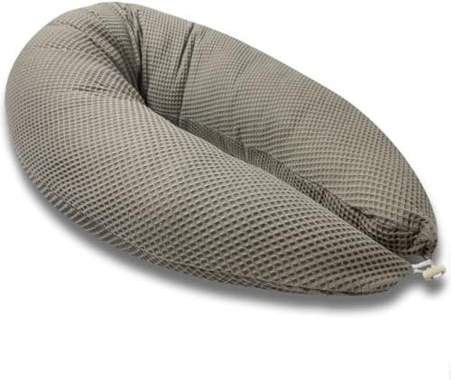 HOBEA-Germany Stillkissen 190 cm x 76 cm XXL Lagerungskissen Schwangerschaftskissen für Baby und Erwachsene Seitenschläferkissen Stillkissen mit Bezug aus Bio Baumwolle, Waffelmuster Taupe