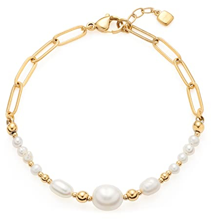 Leonardo Jewels Inka Armband aus Edelstahl, goldfarbenes Gliederarmband mit weißen Süßwassezucht-und Edelstahl-Perlen, Damen Modeschmuck, 022063
