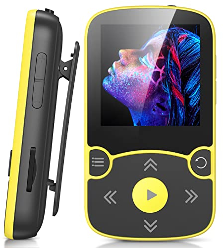 AGPTEK 32Go MP3 Bluetooth 5.3 avec Clip, Lecteur MP3 Baladeur Sport Portable HiFi, Lecteur Musique avec Bouton Volume, Radio FM/Podomètre/Enregistreur Vocal, Externe Jusqu'à 128Go-Jaune