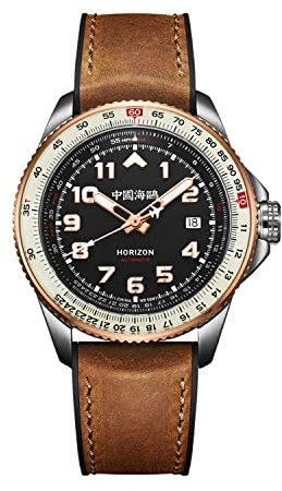 SEA-GULL 2022 New Seagull Herrenuhr Skyline Serie Slide Ruler Pilot Air Force Chronograph Herren Automatik Mechanische Uhr 1124, Brauner Riemen, goldfarbene Lünette, Riemen