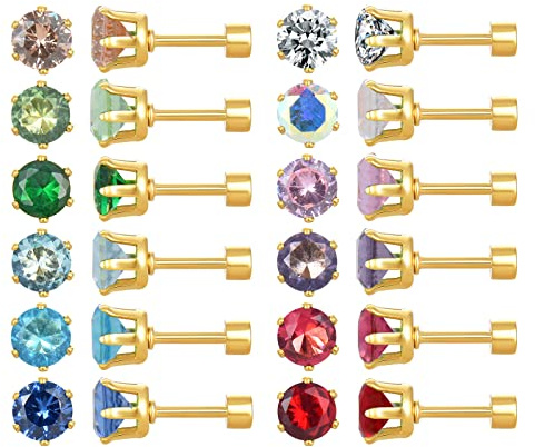 12-Paar Chirurgische Edelstahl flache Rückseite Ohrstecker, Schraube zurück Cubic Zirkonia Ohrstecker für Frauen, 18K vergoldet Silber CZ Brithstone Ohrstecker Set 3mm 4mm 5mm