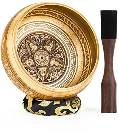 Hihealer Ensemble de Bols Chantants Tibétains Fait Main au Népal - Bol Sonore, Maillet, Coussin et Boîte Cadeau; Méditation, Yoga, Guérison des Chakras (Bouddha, 16cm)